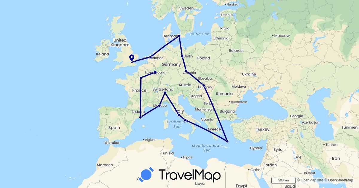 TravelMap itinerary: driving in Switzerland, Czech Republic, Germany, Denmark, Spain, France, United Kingdom, Greece, Hungary, Italy, Luxembourg, Netherlands (Europe)